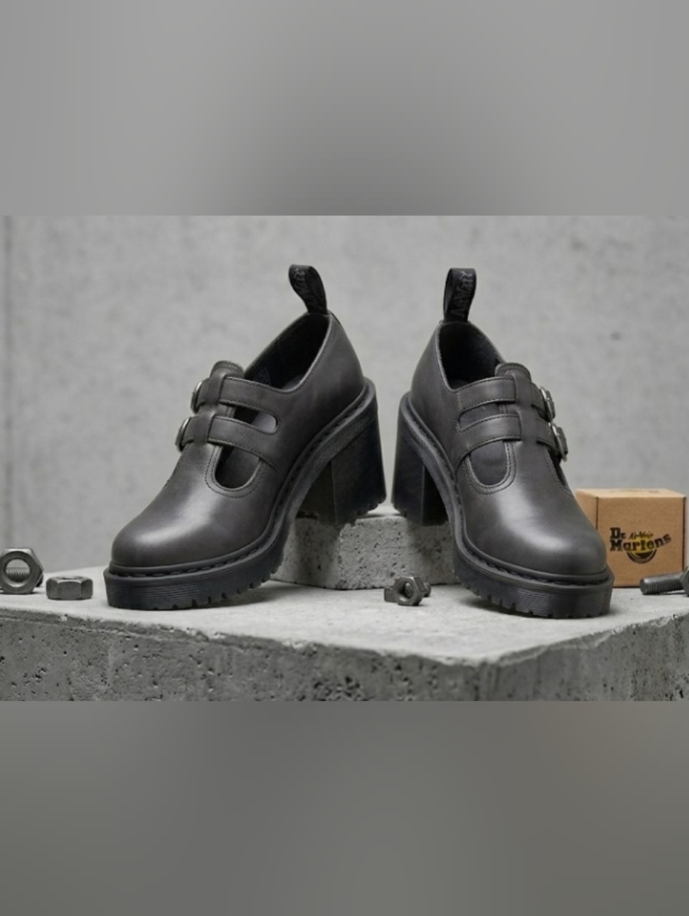 Dr. Martens 8065 Double Strap Heeled Mary Janes - Dark Grey Leather Size 9 - Picture 15 of 16